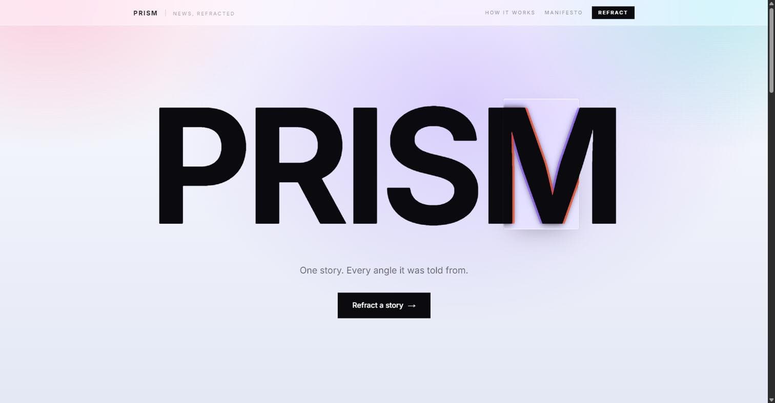 Prism's landing page: the word PRISM with a refracted M, above the line One story. Every angle it was told from.
